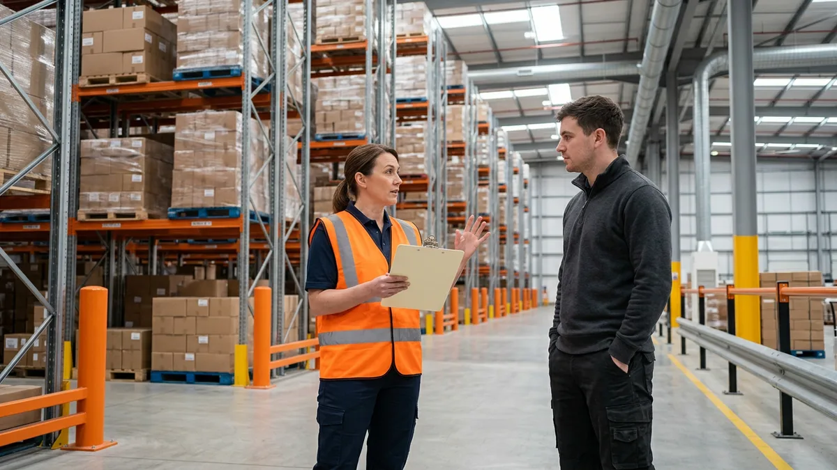 Operations lead and manager walking a distribution warehouse aisle before an ERP go-live