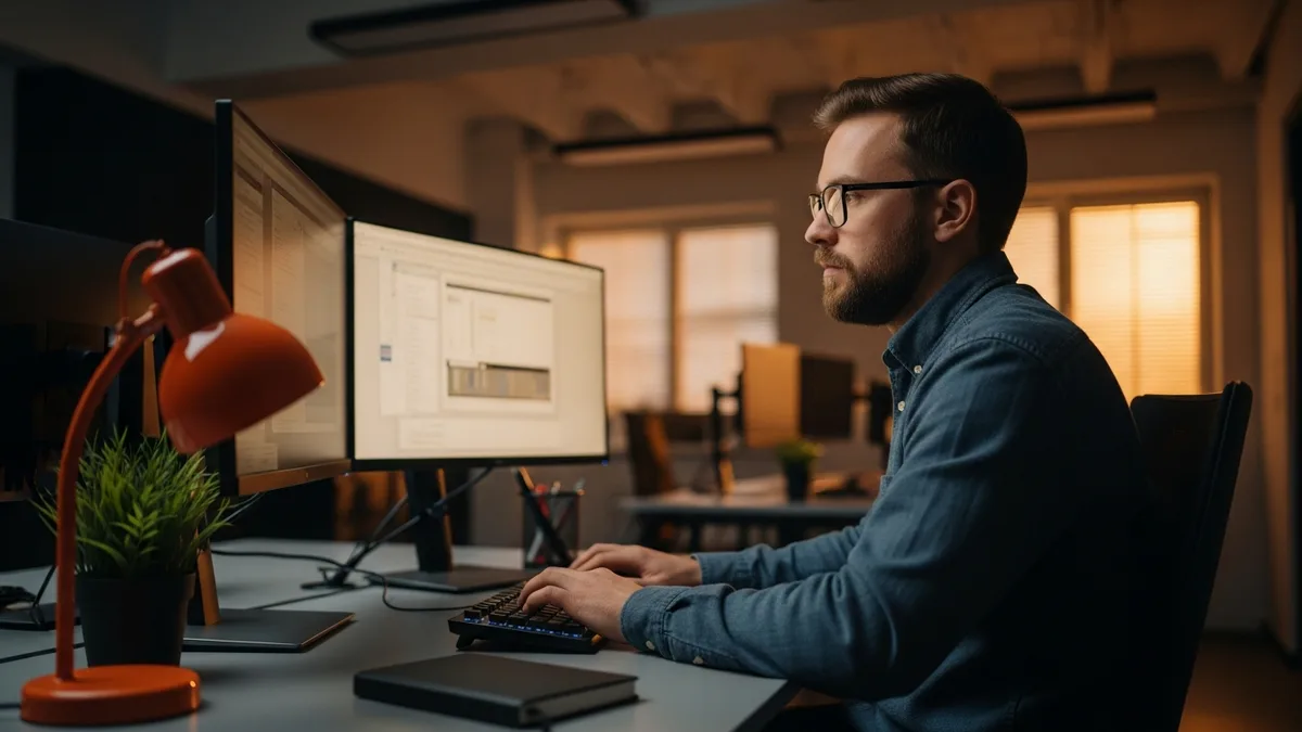 ERP integration architect working at a dual-monitor workstation in a quiet technology office