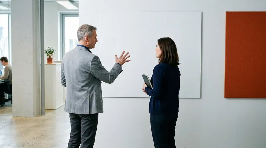 ERP project sponsor and implementation project manager reviewing an open scope decision on a whiteboard