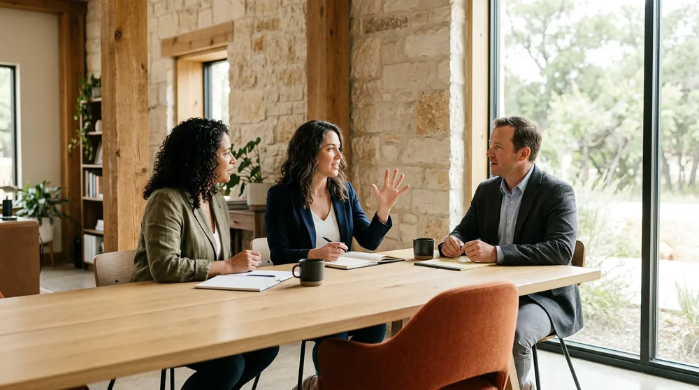 Three ERP professionals talking across a table in a Hill Country limestone and timber office near Austin