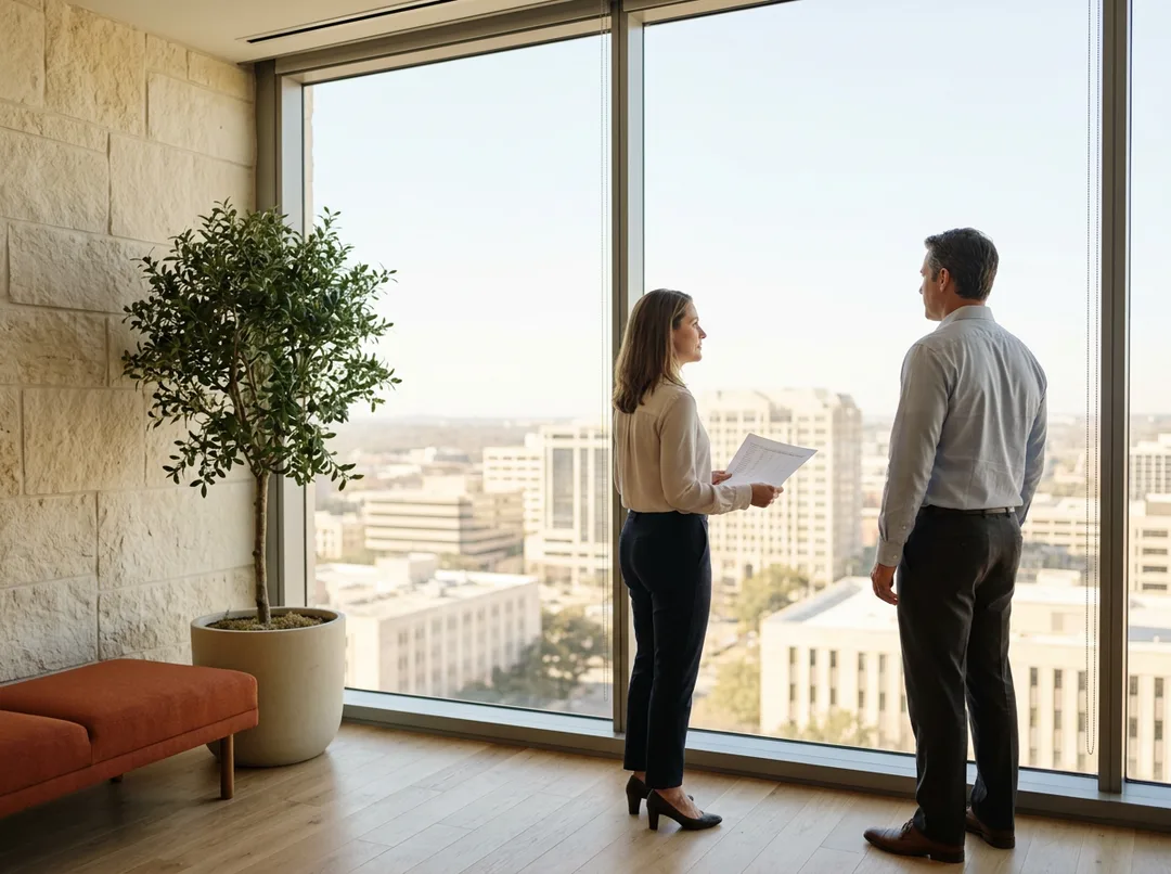 Two ERP consultants looking out over the Austin skyline from a limestone office while holding a printed production schedule