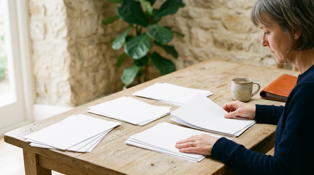 KORE1 recruiter sorting printed ERP consultant profiles into four stacks on an Austin office table