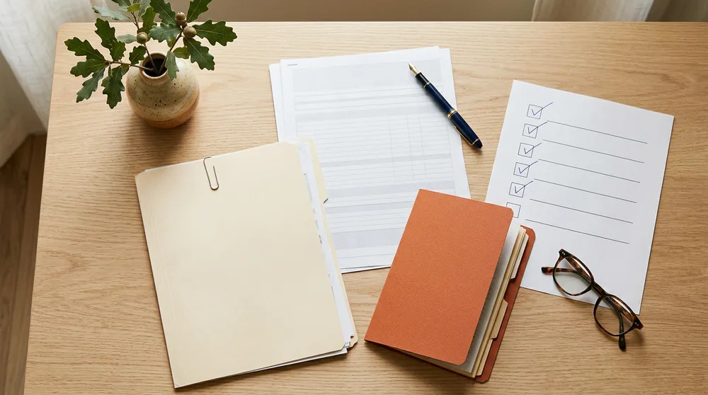 Signed change control form, validation checklist, folders and reading glasses laid out on a desk for an Austin ERP review