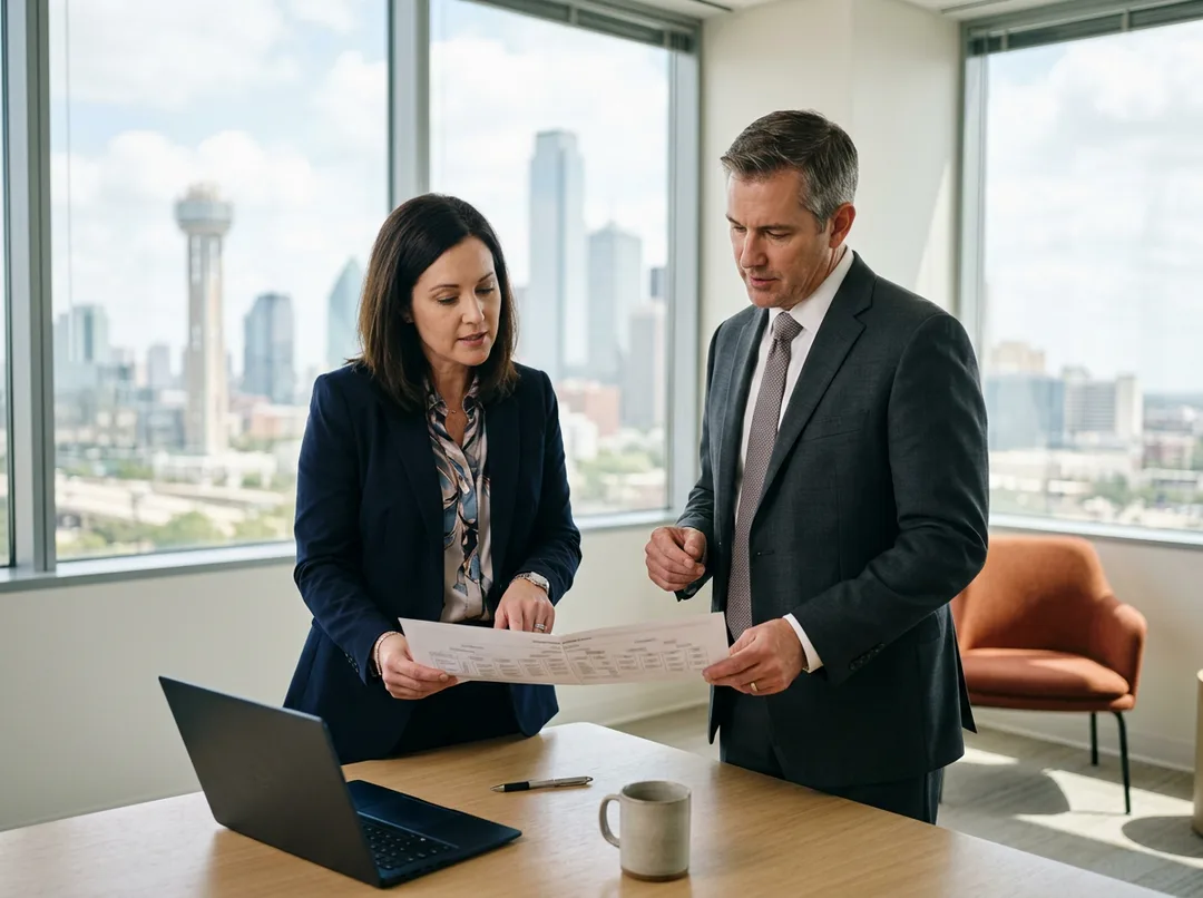 Two ERP consultants comparing a printed entity structure against a laptop in a Dallas office with the downtown skyline behind them