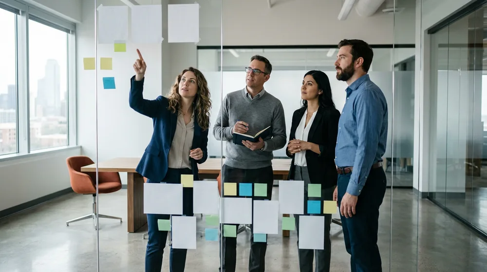 Four ERP professionals working through a printed consolidated close calendar taped across a conference room wall in Dallas