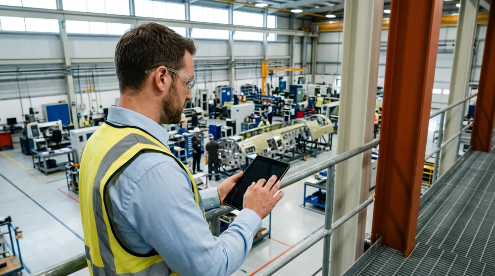 An ERP business analyst reviewing production data on a tablet from a mezzanine above a North Texas manufacturing floor