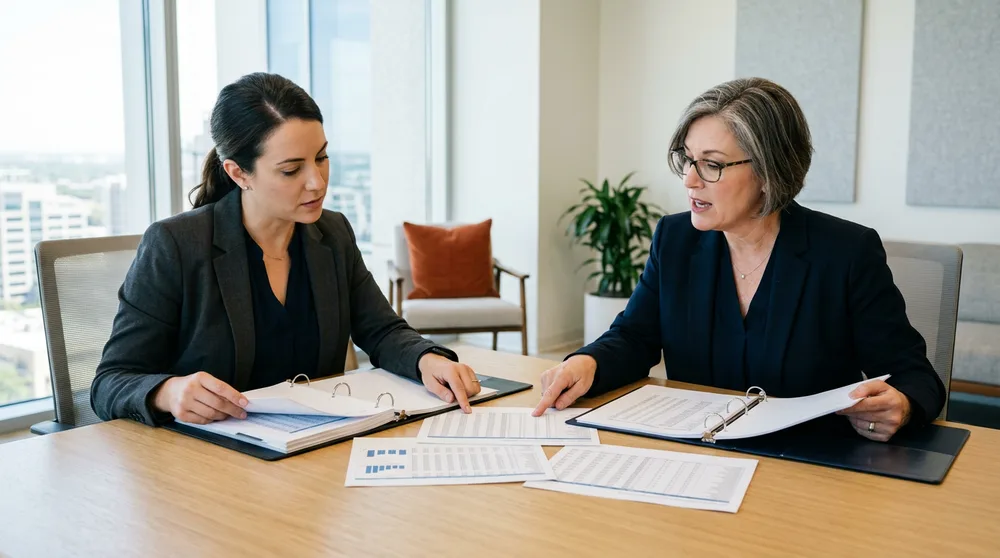 A KORE1 recruiter and a controller comparing two printed chart of accounts binders across a table in a Dallas office