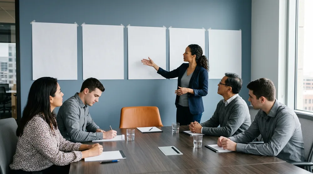 An ERP team working through blank printed close-calendar sheets taped across a Denver conference room wall