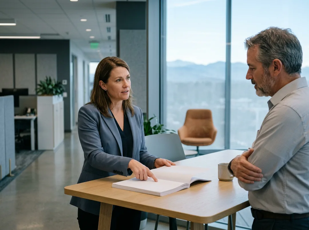 Two ERP consultants reviewing a printed cost schedule at a standing table in a Denver office with the Front Range visible through the window