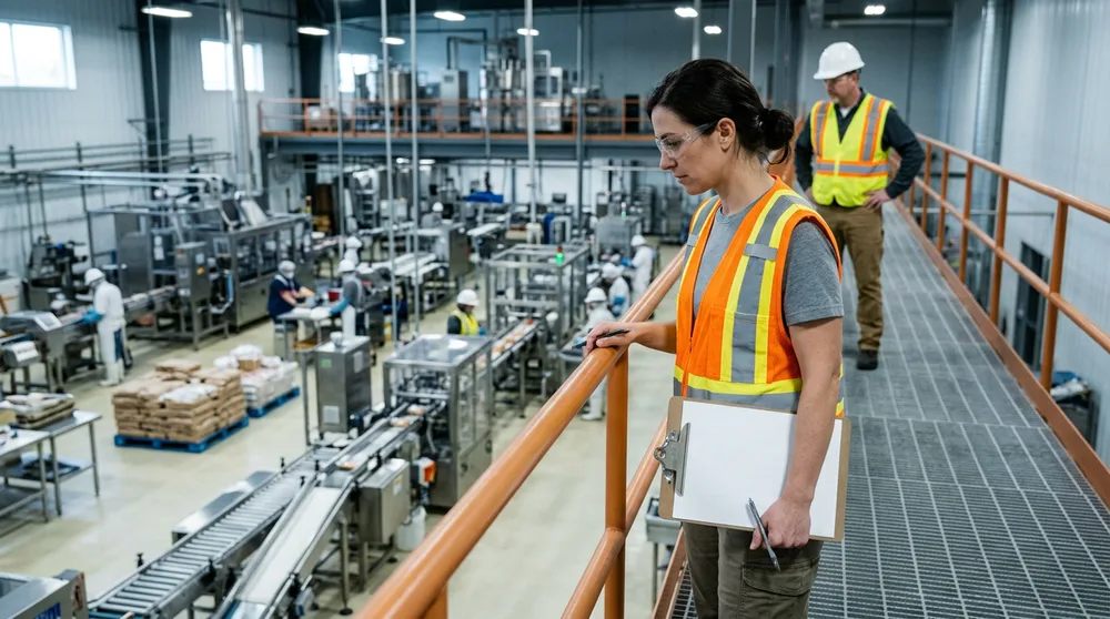 A business systems analyst on a mezzanine above a Northern Colorado food processing floor reviewing lot traceability on a clipboard