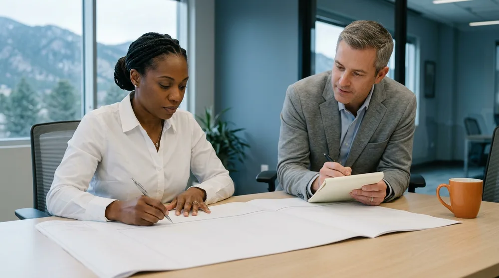 A KORE1 recruiter and a cost accountant working through an indirect rate pool schedule on a printed spreadsheet in a Denver conference room