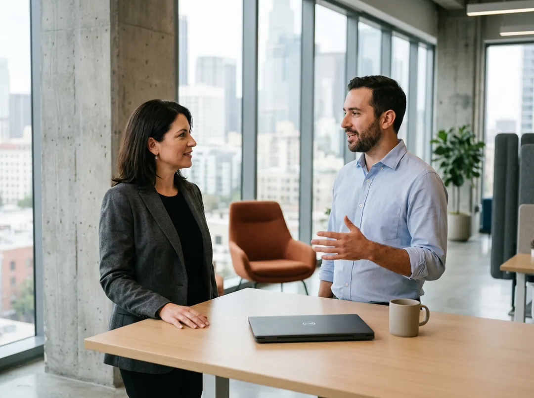 Two ERP consultants talking at a standing desk in a downtown Los Angeles office with concrete columns and the city skyline behind them