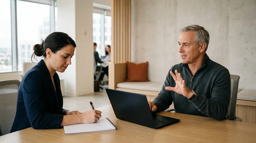Senior ERP consultant explaining a system decision to a colleague taking notes in a Los Angeles conference room