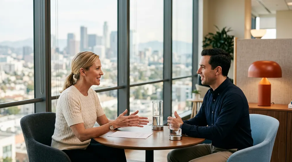 KORE1 recruiter interviewing an ERP consultant at a small table overlooking the Los Angeles skyline