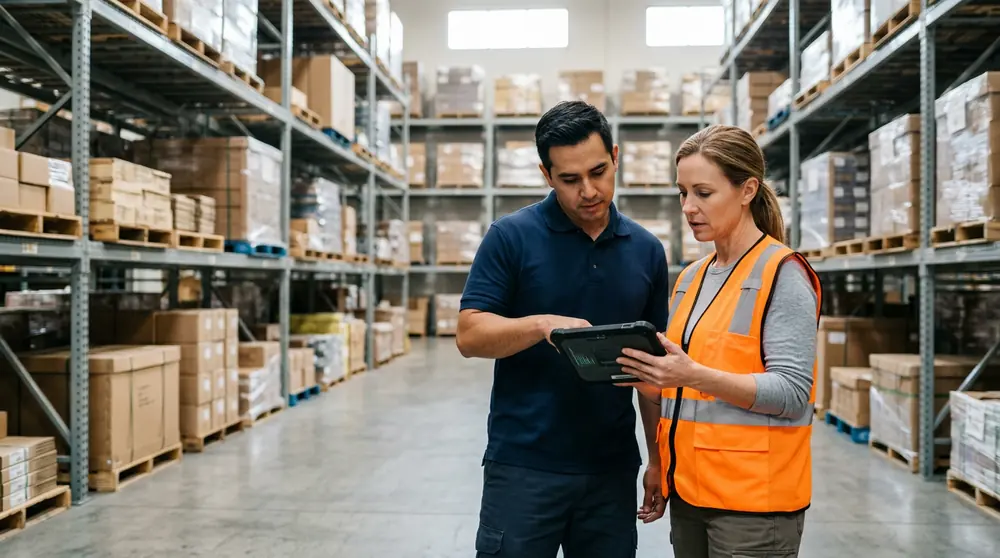 Warehouse supervisor in an orange safety vest reviewing inventory on a tablet with a systems analyst in a Los Angeles distribution center