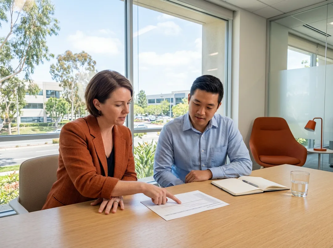 Two ERP consultants reviewing an implementation plan at a table in an Irvine, Orange County office with a business park visible outside
