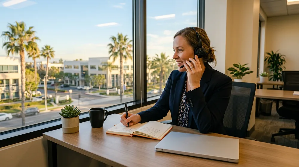 KORE1 ERP recruiter on a call at the Irvine headquarters with notes and an orange notebook on the desk