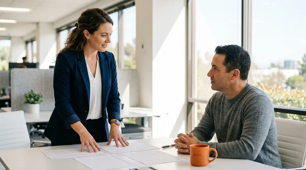 KORE1 recruiter walking a client through ERP platform and role requirements on printed sheets in an Orange County conference room