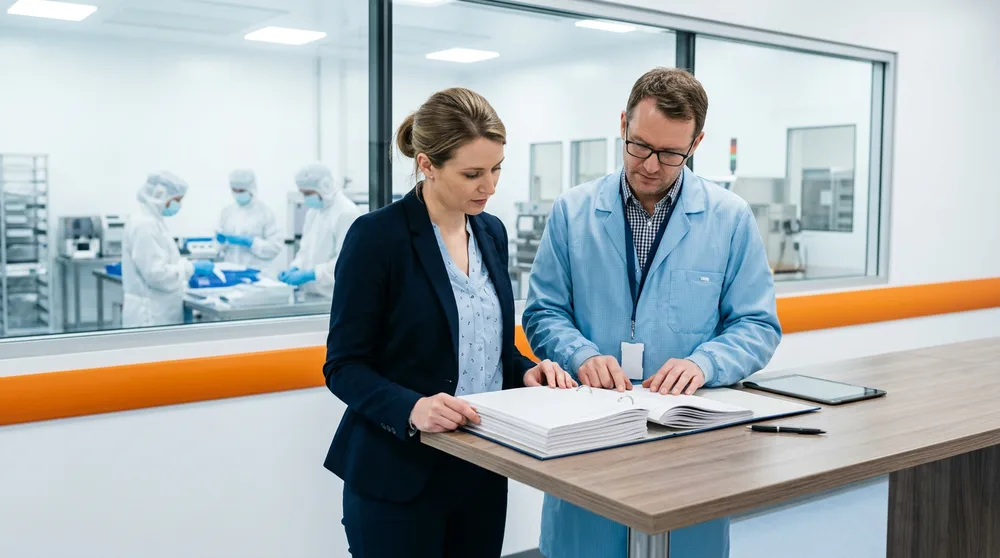 ERP consultant and quality manager reviewing validation documentation in a medical device company office in Irvine, California