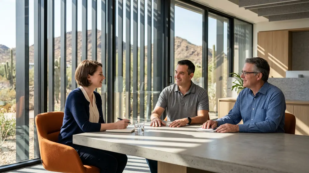 Three ERP professionals talking around a concrete table in a Phoenix office with sun louvers and desert visible outside