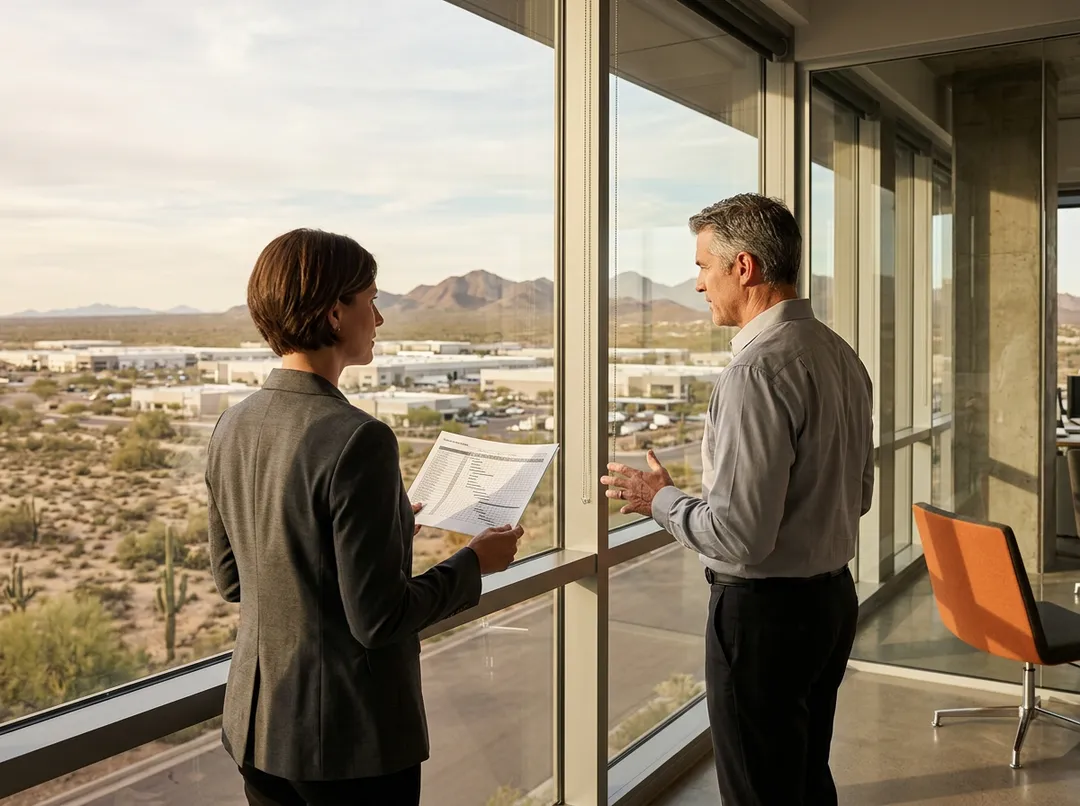 Two ERP consultants looking out over a north Phoenix industrial campus while holding a printed deployment schedule