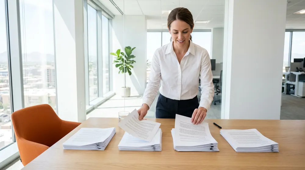 KORE1 recruiter sorting printed ERP consultant profiles into four stacks on a table in a Phoenix office