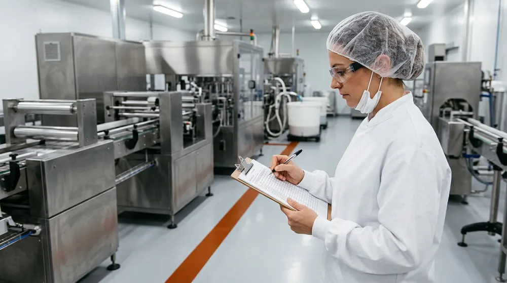 Quality engineer in a gown reviewing a printed traceability record beside a stainless production line in a Phoenix plant