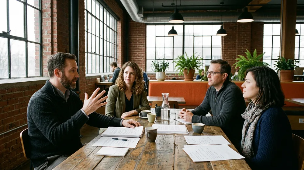 Small group of ERP consultants talking across a table in a Portland co-working space