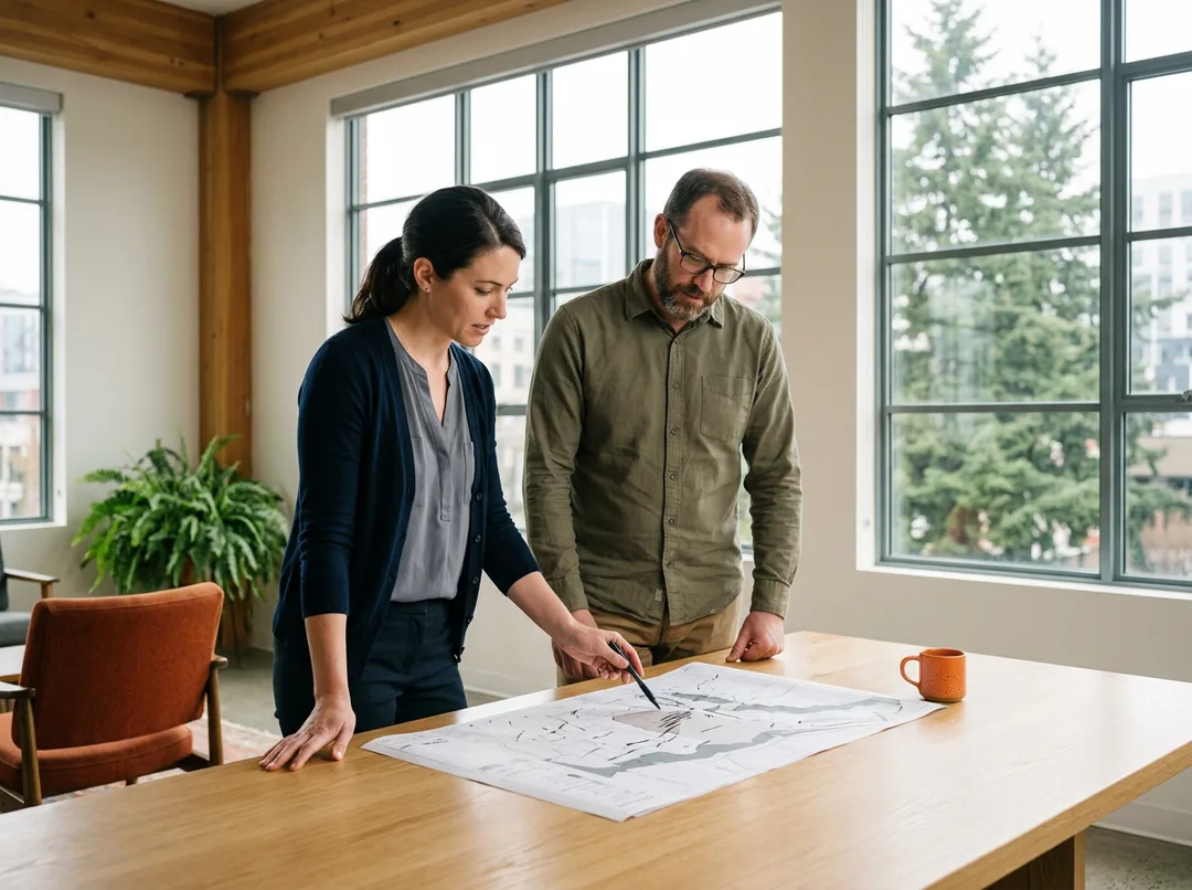 Two ERP consultants comparing a plant schedule against a regional map in a bright Portland office