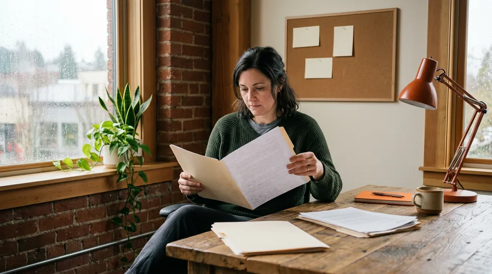 KORE1 recruiter reviewing printed ERP consultant profiles at a desk in a rainy Portland office