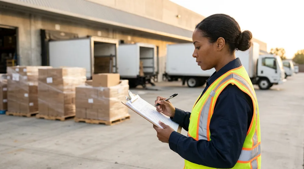 Logistics coordinator reviewing a cross-border shipping manifest at a loading dock near the San Diego-Tijuana border