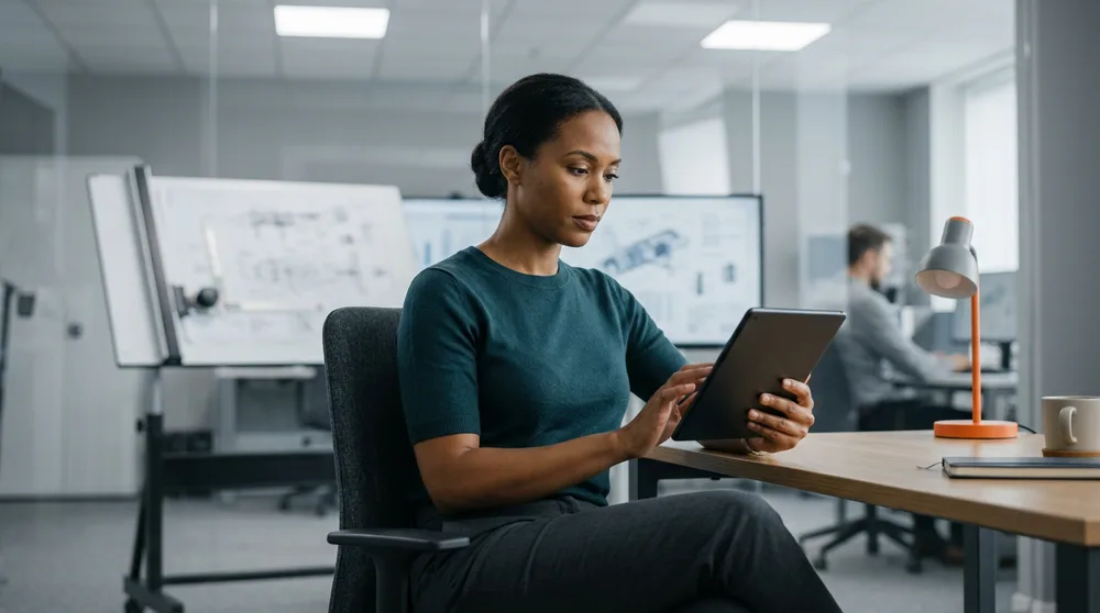 ERP consultant reviewing role-based access documentation in a San Diego aerospace and defense office