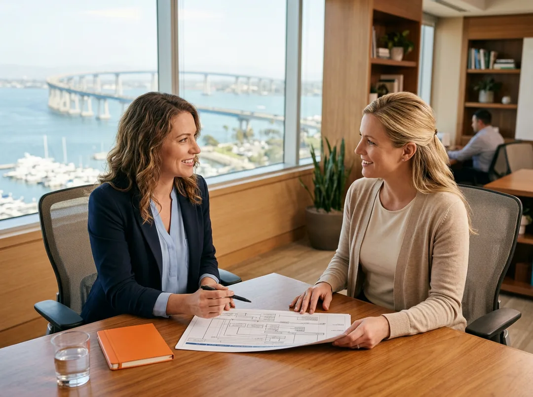 Two ERP consultants reviewing a platform roadmap at a table with San Diego Bay and the Coronado Bridge visible through the window