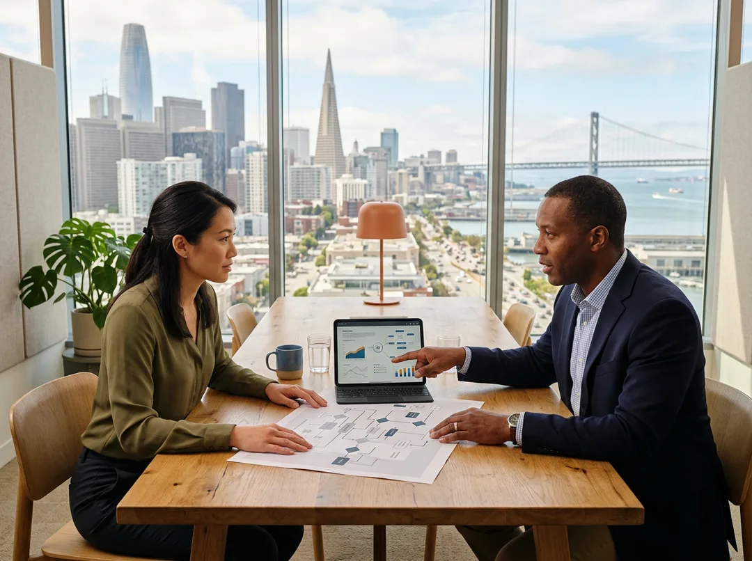 Two ERP consultants reviewing a platform roadmap at a table with the San Francisco skyline and the Bay Bridge visible through the window