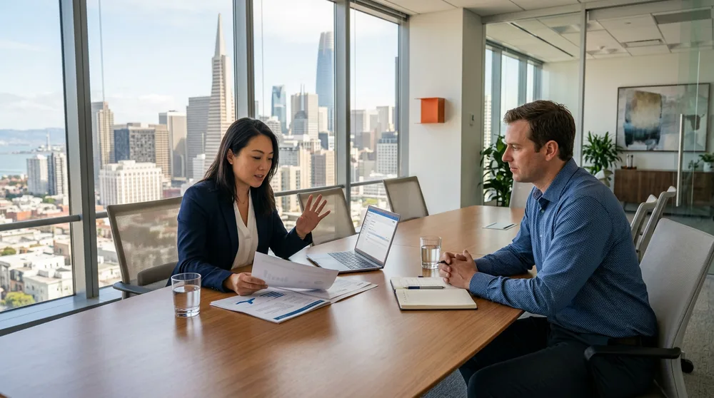 KORE1 recruiter reviewing ERP platform and role requirements with a client in a San Francisco Financial District office
