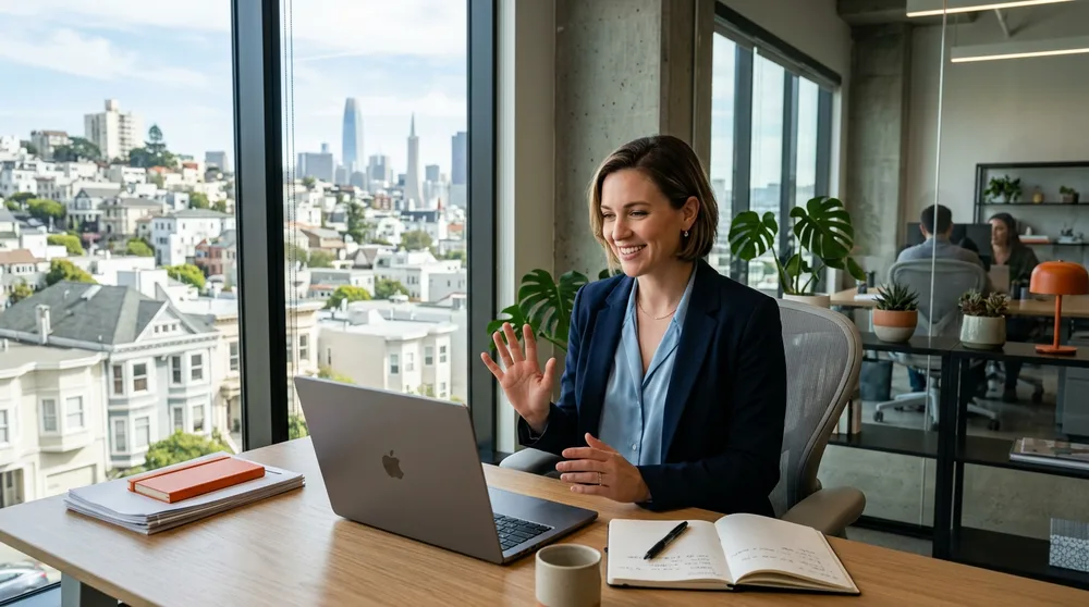 ERP recruiter interviewing a candidate over video call with San Francisco rooftops visible in the background