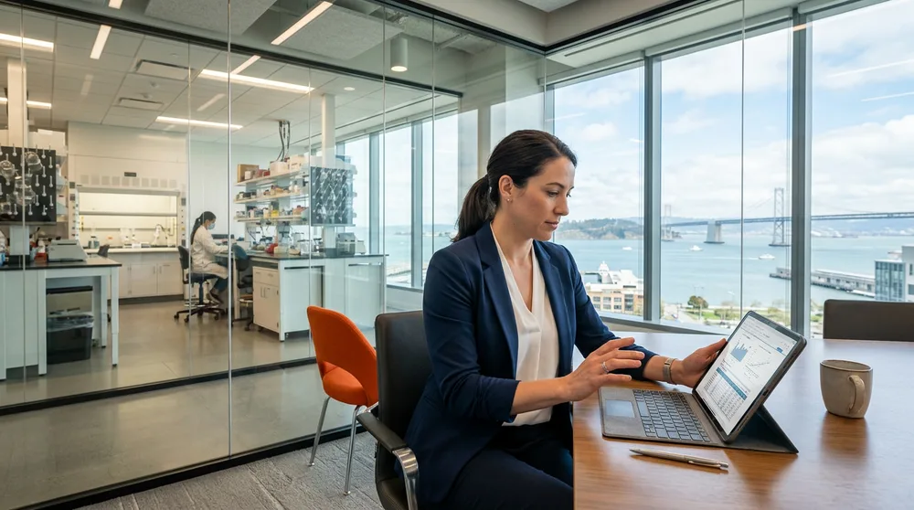 ERP validation lead reviewing compliance documentation in a Mission Bay biotech office near San Francisco Bay