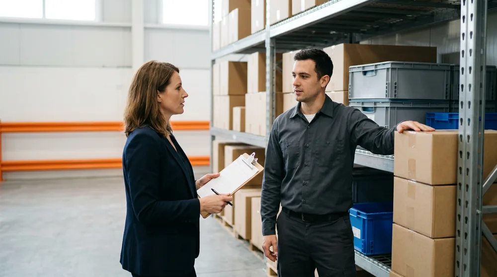 Two colleagues reviewing a printed inventory form beside stock shelving in a San Jose light industrial workspace