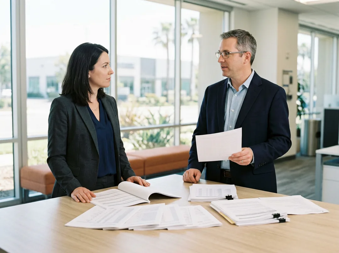 Two ERP consultants reviewing a printed bill of materials packet in a bright San Jose office