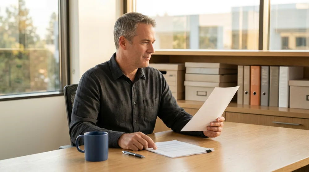 KORE1 recruiter reviewing printed ERP consultant profiles at a desk in a South Bay office