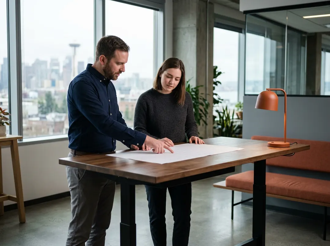 Two ERP consultants reviewing a printed production schedule in a bright Seattle office