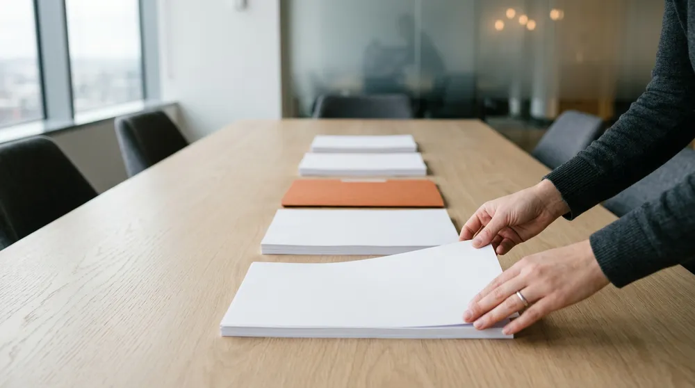 Hiring manager sorting printed consultant resumes into stacks on a conference table in Seattle
