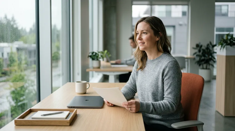 KORE1 recruiter reviewing printed ERP consultant profiles at a desk in a Seattle office