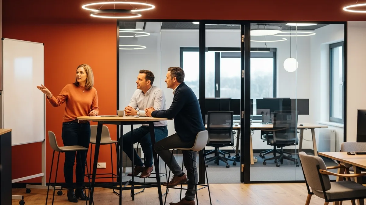 Three colleagues in a modern office discussing an ERP implementation plan at a standing table
