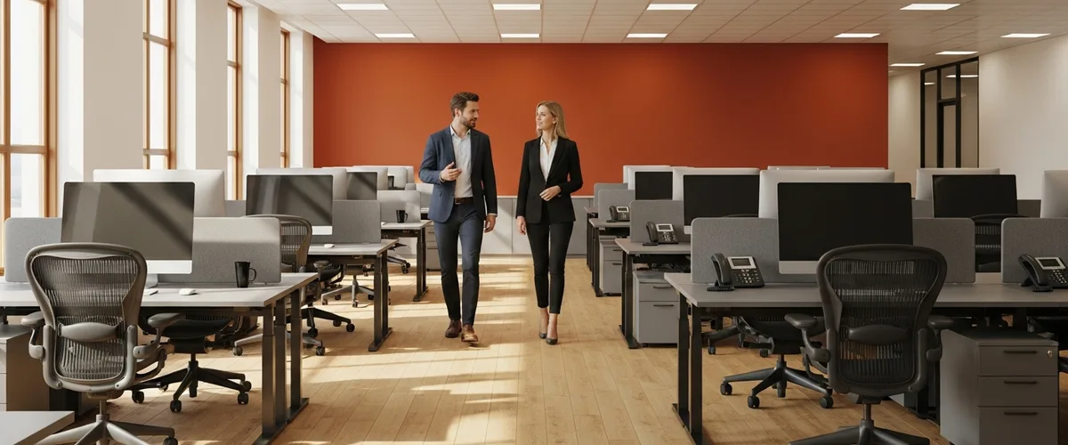 Two business professionals walking through an open enterprise office with an orange accent wall