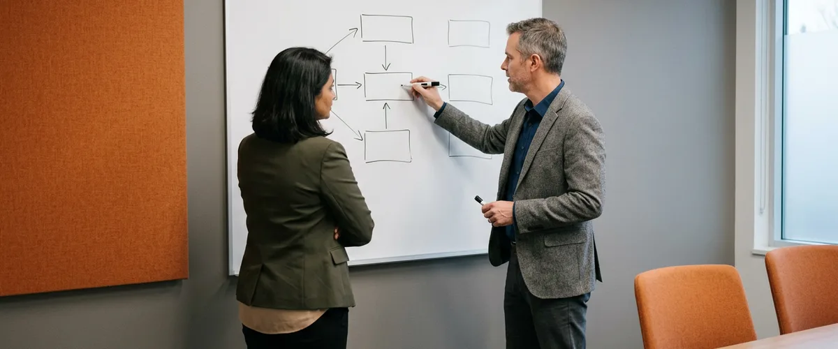 Two colleagues sketching a process map on a conference room whiteboard while assigning ERP process owners after go-live