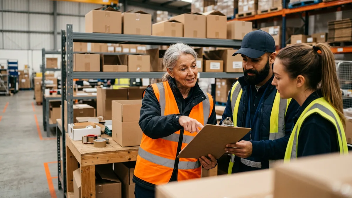 Warehouse supervisor in an orange safety vest showing two colleagues a printed ERP work instruction on a clipboard at a packing station