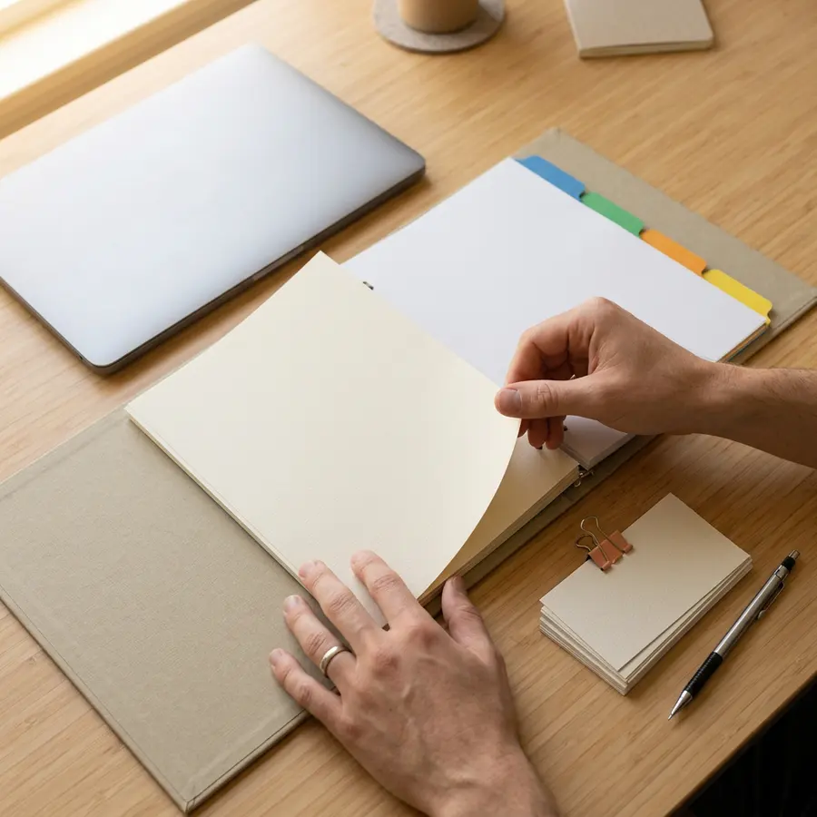 Hands turning a page in a printed ERP training binder beside a stack of laminated job aid cards