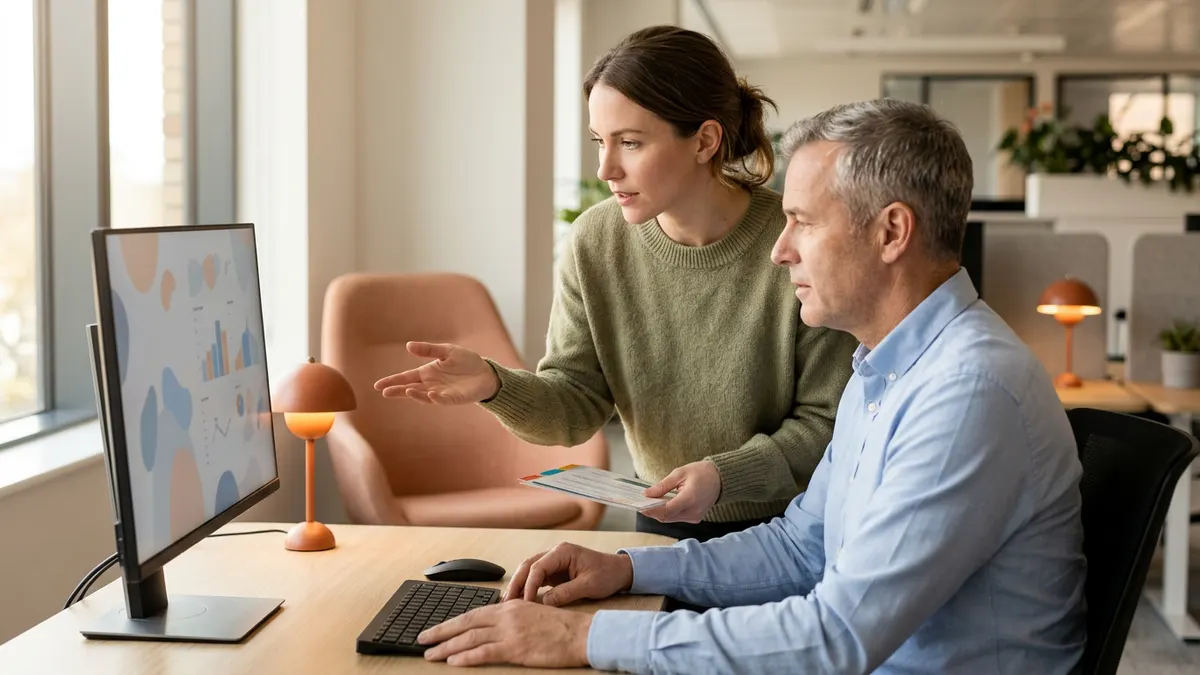 An ERP user adoption consultant walking a finance team member through a new screen at his desk