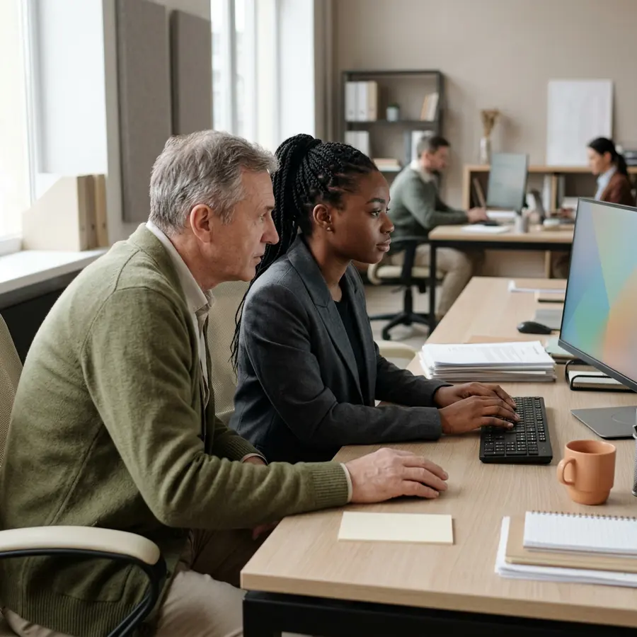 An ERP adoption consultant sitting beside an analyst with a printed step-by-step job aid on the desk